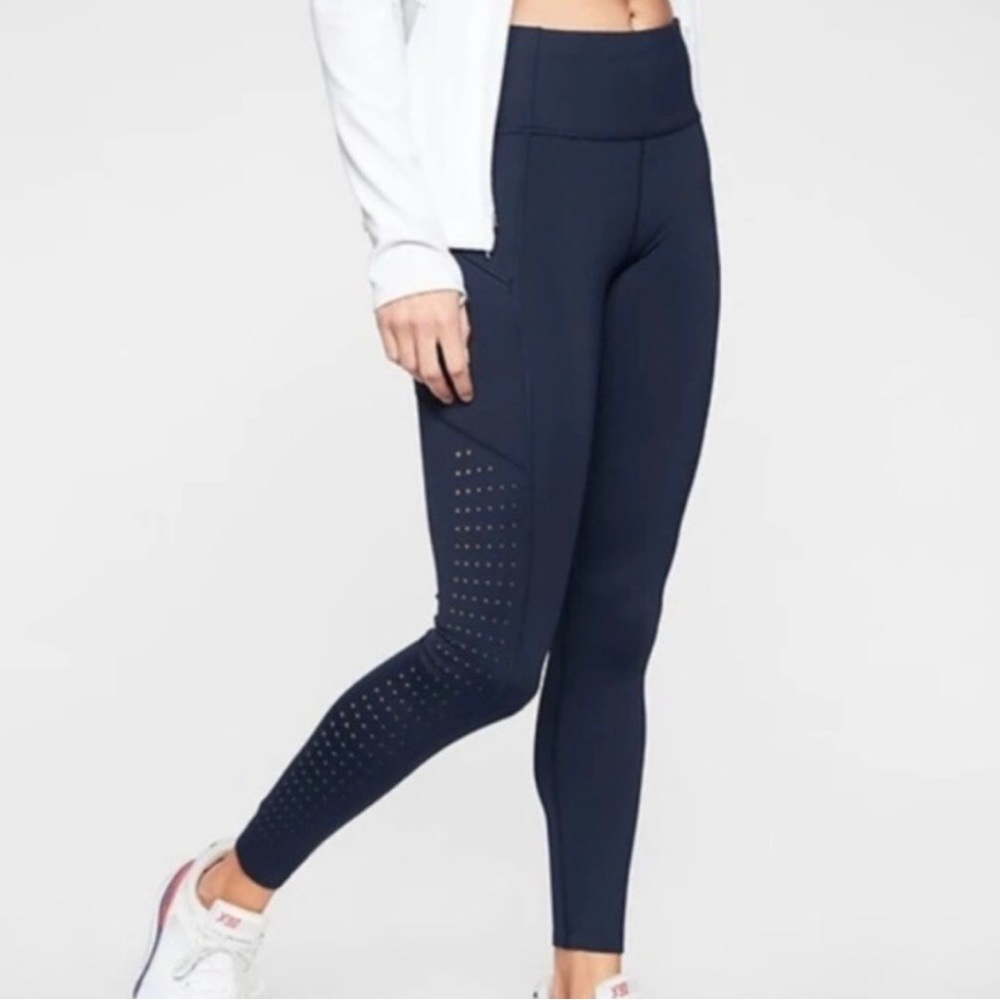 Athleta Navy Blue Contender Laser Cut 7/8 Tights